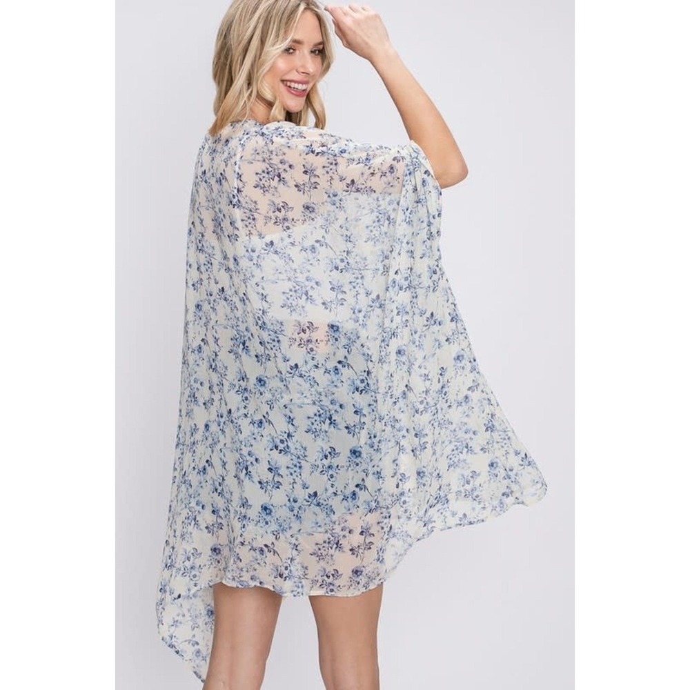 GeeGee White Blue‎ Floral Sheer Kimono Cardigan Lightweight Boho Vacation Large - Picture 3 of 10